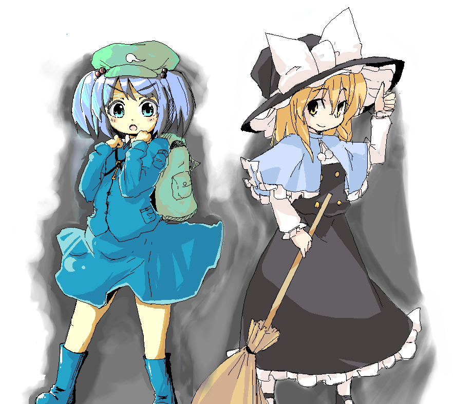 sasurai, kawashiro nitori, kirisame marisa, touhou, 2girls, apron, backpack, bag, blonde hair, blue dress, blue eyes, blue hair, blush, broom, capelet, dress, female focus, hat, holding, looking at viewer, multiple girls, oekaki, pocket, simple background, two side up, waist apron, white background, witch hat