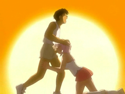 magical canan, magical kanan, magical kanan summer camp, animated, animated gif, anime screenshot, lowres, 1boy, 1girl, ass, brown hair, closed eyes, epic, fellatio, hand on another's head, hetero, kneeling, oral, penis, pink hair, shoes, shorts, skirt, standing, sunset, uncensored