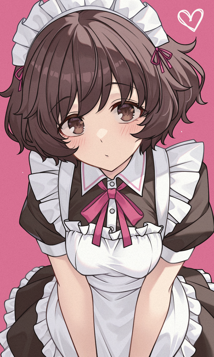aadka5, akiyama yukari, girls und panzer, highres, 1girl, alternate costume, apron, blush, breasts, brown eyes, brown hair, closed mouth, enmaided, large breasts, looking at viewer, maid, maid headdress, pink background, short hair, simple background, solo
