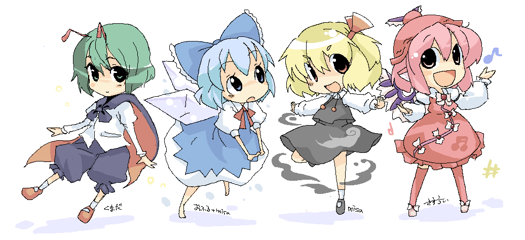 sasurai, cirno, mystia lorelei, rumia, wriggle nightbug, touhou, 4girls, antennae, barefoot, blonde hair, blue eyes, blue hair, bow, cape, chibi, dress, female focus, green eyes, green hair, hair bow, ice, multiple girls, musical note, oekaki, one eye closed, open mouth, pink hair, red eyes, shoes, short hair, socks, team 9 (touhou), thighhighs, wings