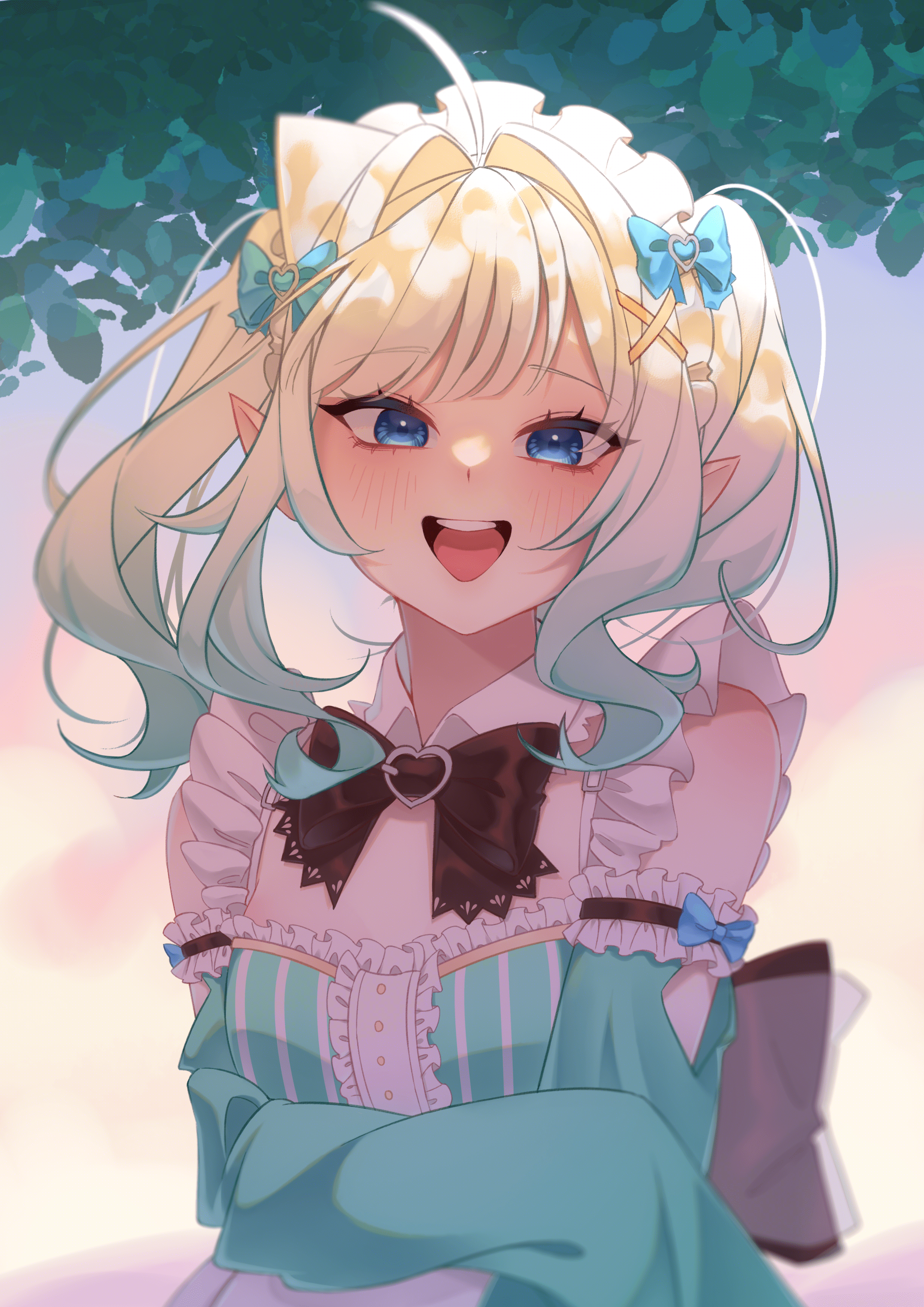 kuraedo, mint fantome, mint fantome (minto 2.0), indie virtual youtuber, absurdres, commentary, english commentary, highres, 1girl, :d, ahoge, back bow, black bow, black bowtie, blue bow, blue eyes, bow, bowtie, breasts, center frills, detached collar, detached sleeves, dress, frilled sleeves, frills, ghost, gradient hair, green dress, green hair, green sleeves, hair intakes, hair ornament, long hair, long sleeves, looking at viewer, maid, maid headdress, multicolored hair, open mouth, outdoors, pointy ears, sleeve garter, sleeves past fingers, sleeves past wrists, small breasts, smile, solo, teeth, triangular headpiece, twintails, upper body, upper teeth only, virtual youtuber, white hair, x hair ornament