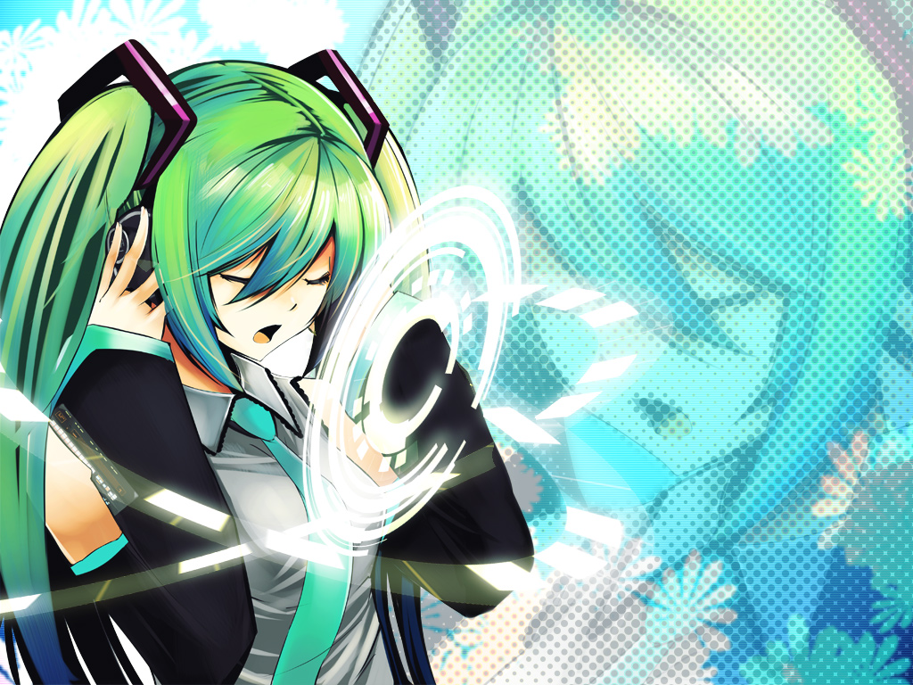 nirai kanai, hatsune miku, vocaloid, 1girl, aqua hair, bare shoulders, closed eyes, collared shirt, detached sleeves, female focus, green hair, headphones, hologram, long hair, long sleeves, music, necktie, open mouth, shirt, singing, sleeveless, sleeveless shirt, solo, twintails, upper body, very long hair, zoom layer