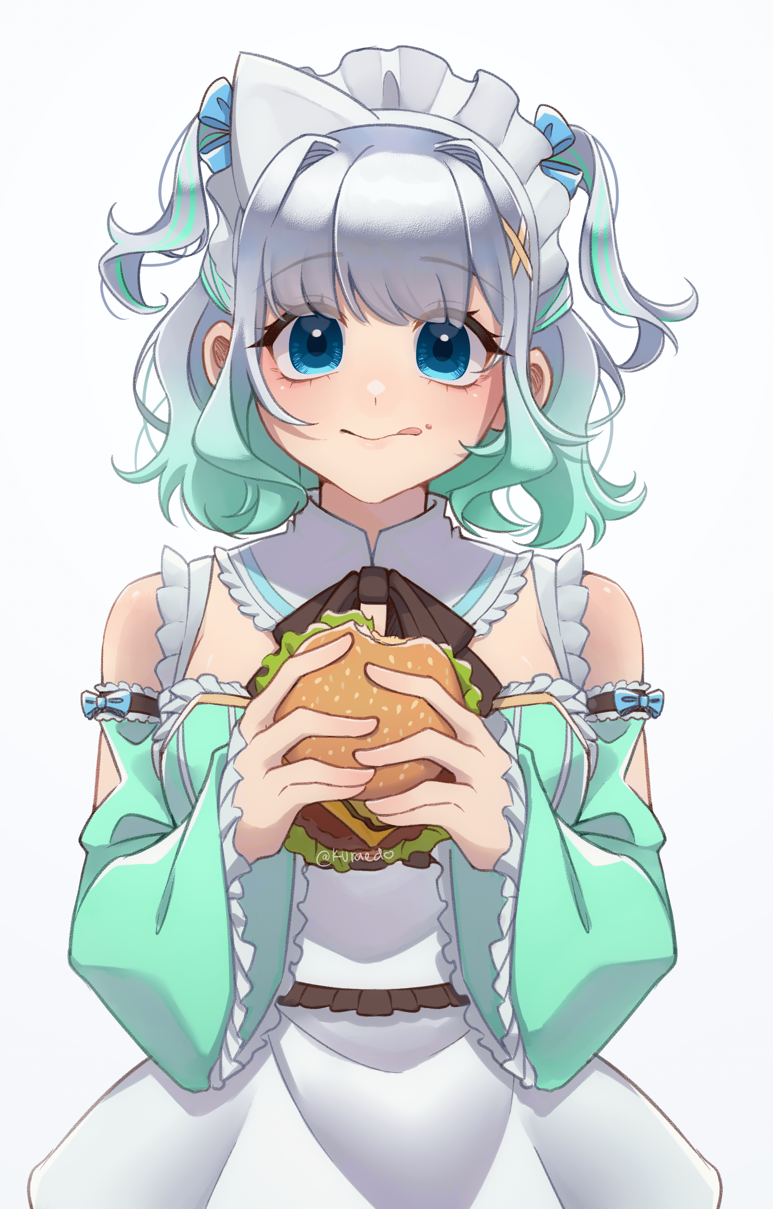 kuraedo, mint fantome, mint fantome (minto 2.0), indie virtual youtuber, absurdres, commentary, highres, 1girl, blue eyes, burger, closed mouth, detached collar, detached sleeves, dress, food, food on face, frilled shirt collar, frilled sleeves, frills, gradient hair, green hair, green sleeves, hair intakes, hair ornament, holding, holding burger, holding food, licking lips, looking at viewer, maid headdress, multicolored hair, short hair, simple background, sleeve garter, solo, tongue, tongue out, triangular headpiece, two-tone hair, two side up, upper body, virtual youtuber, white background, white dress, white hair, wide sleeves, x hair ornament