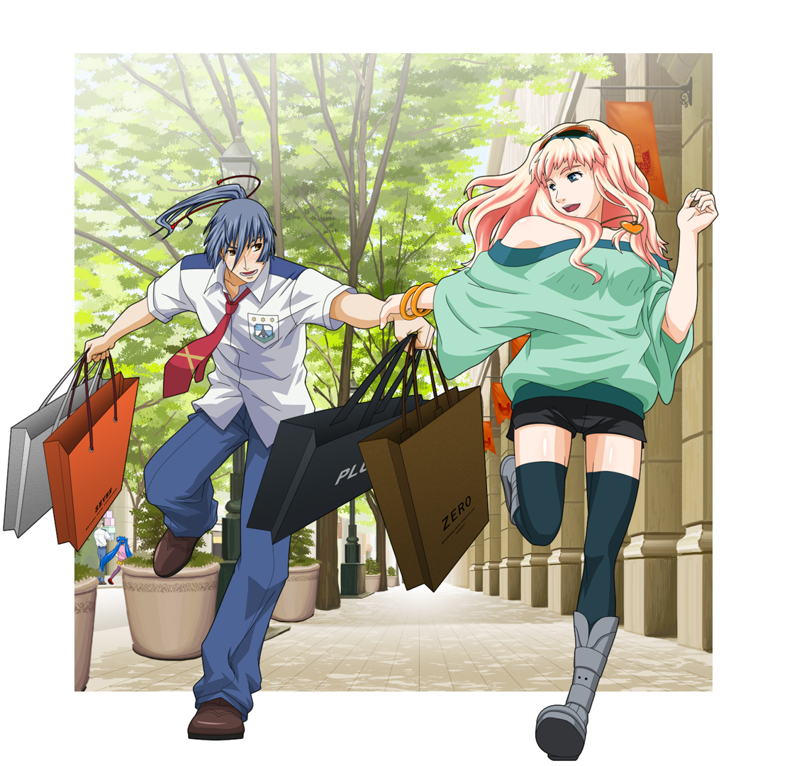 lapis, klan klein, mikhail buran, saotome alto, sheryl nome, macross, macross frontier, 00s, 1boy, 1girl, blonde hair, blue hair, boots, couple, dating, hetero, long hair, necktie, running, shopping, thighhighs