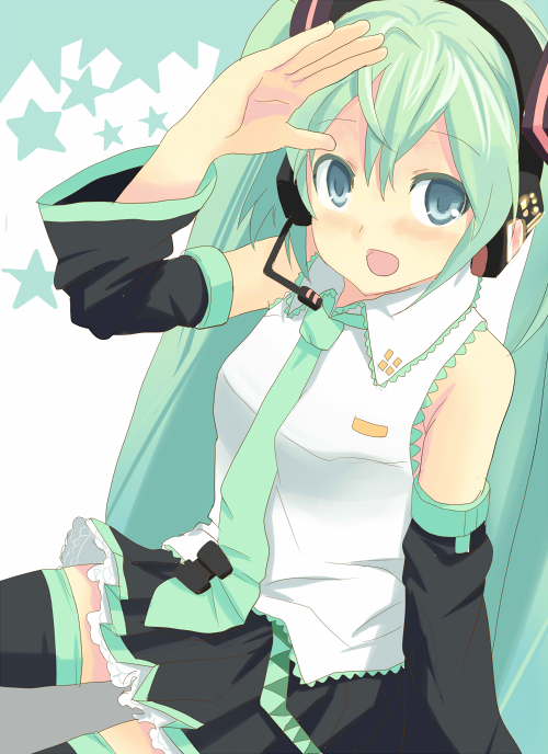 hyakuen raitaa, hatsune miku, vocaloid, bad id, bad pixiv id, aqua hair, blue eyes, detached sleeves, headset, long hair, necktie, salute, skirt, solo, thighhighs, twintails, very long hair