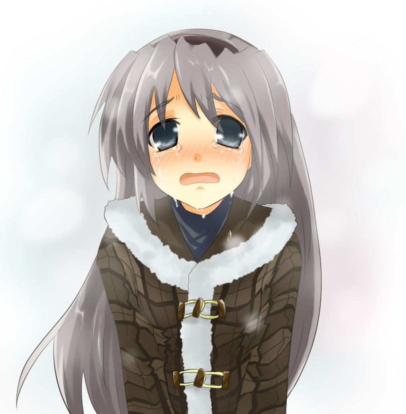 sakagami tomoyo, clannad, bad id, bad pixiv id, 00s, 1girl, black eyes, coat, female focus, grey hair, long hair, snow, solo, tears