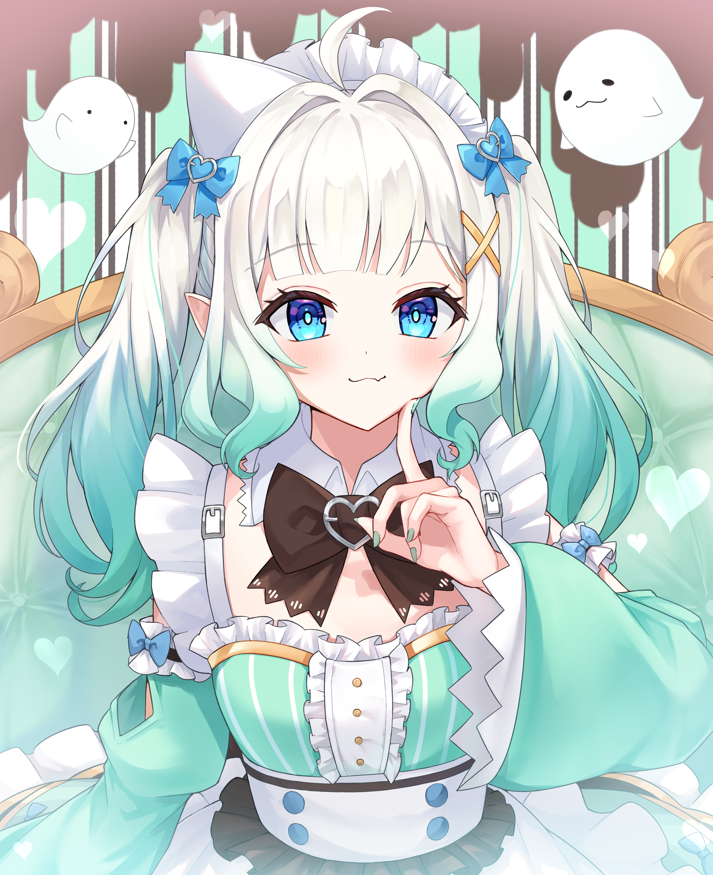 mutumumu, mint fantome, mint fantome (minto 2.0), indie virtual youtuber, absurdres, commentary, english commentary, highres, 1girl, :3, ahoge, alternate hair length, alternate hairstyle, apron, black bow, black bowtie, blue bow, blue eyes, bow, bowtie, breasts, center frills, chair, detached collar, detached sleeves, dress, fang, fang out, finger to own chin, frills, ghost, green dress, green hair, green nails, green sleeves, hair bow, hair intakes, hair ornament, heart, long hair, multicolored hair, on chair, pointy ears, skin fang, sleeve garter, small breasts, solo, twintails, two-tone hair, upper body, virtual youtuber, white apron, white hair, wide sleeves, x hair ornament