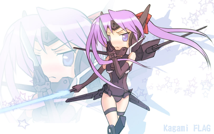 zhenlin, flag custom, hiiragi kagami, gundam, gundam 00, lucky star, bad id, bad pixiv id, 1girl, cosplay, crossover, energy sword, female focus, long hair, mecha musume, parody, purple eyes, purple hair, solo, sword, weapon, zoom layer