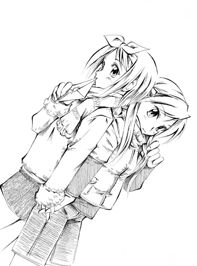 jason (kaiten kussaku kikou), hiiragi kagami, hiiragi tsukasa, lucky star, 00s, 2girls, back-to-back, casual, coat, greyscale, holding hands, letter, love letter, monochrome, multiple girls, scarf, siblings, sisters, twins