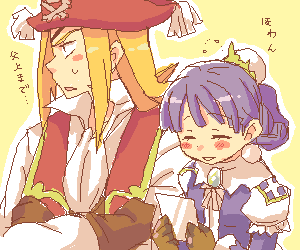 tsuyuka (sunny spot), eclair (kiddy grade), eclair (la pucelle), homard, nippon ichi, lowres, translation request, 1boy, 1girl, blush, earrings, gloves, hat, jewelry, oekaki, pirate, princess, profile