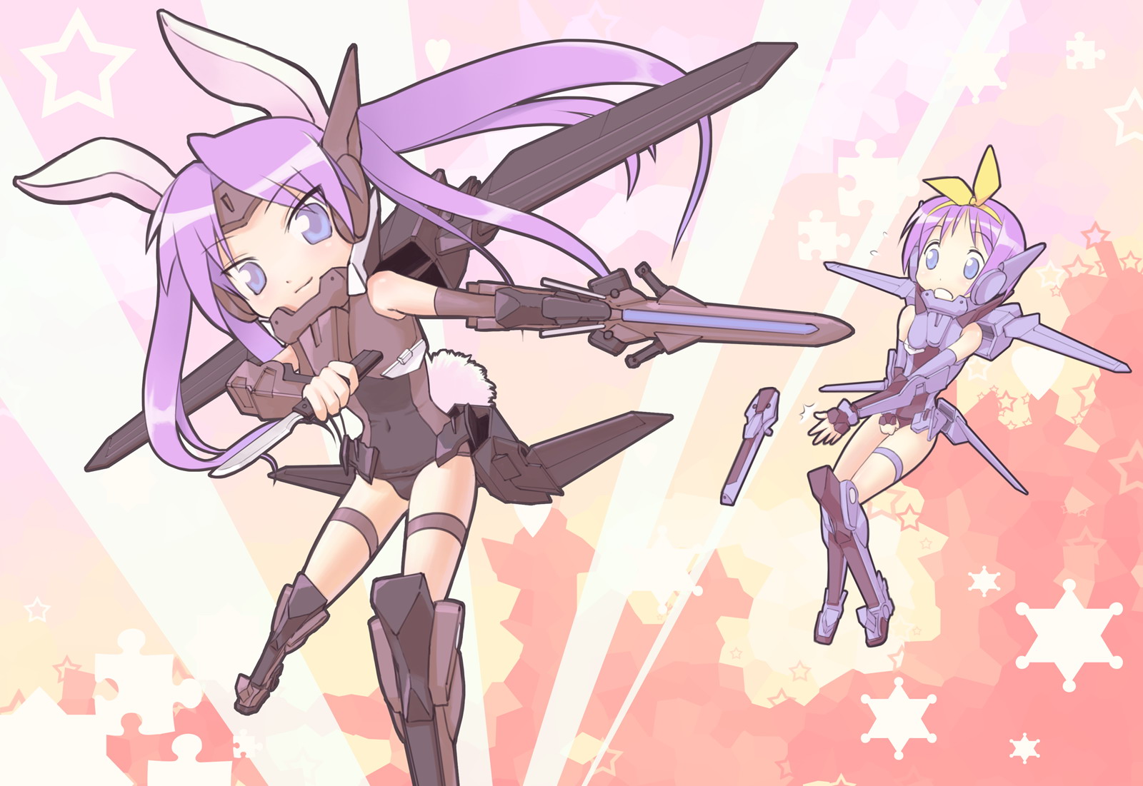 zhenlin, flag custom, hiiragi kagami, hiiragi tsukasa, union flag, gundam, gundam 00, lucky star, highres, 2girls, animal ears, cosplay, knife, mecha musume, multiple girls, parody, rabbit ears, sisters, twins