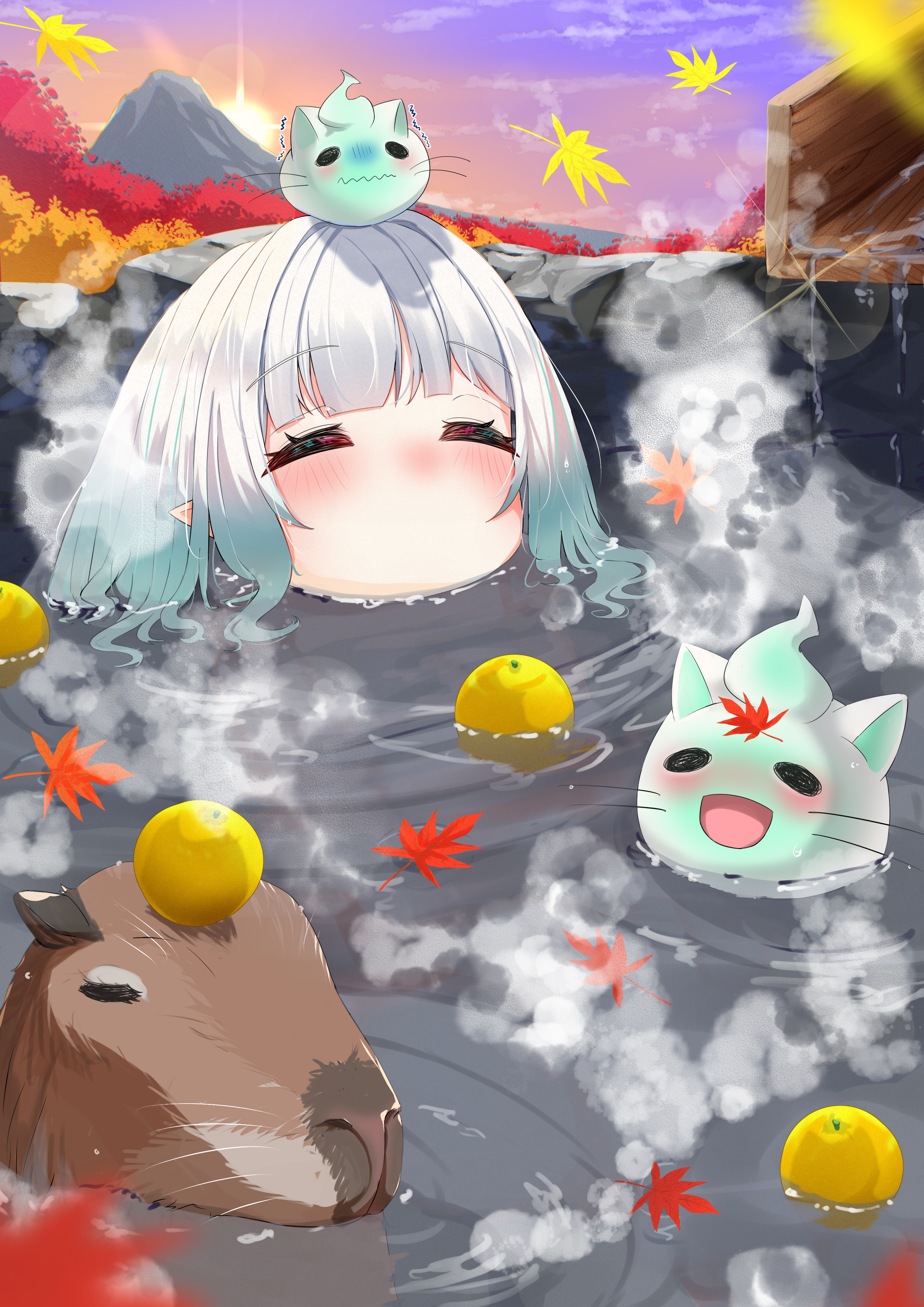 kroble, mint fantome, indie virtual youtuber, absurdres, commentary, commission, english commentary, highres, vgen commission, 1girl, autumn leaves, bathing, blunt bangs, capybara, closed eyes, falling leaves, food, fruit, glint, green hair, leaf, maple leaf, mountainous horizon, multicolored hair, no mouth, on head, onsen, orange (fruit), outdoors, partially submerged, pointy ears, sky, steam, sun, sunset, two-tone hair, virtual youtuber, water, white hair