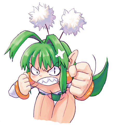 ryoji (nomura ryouji), mamelon, la pucelle, nippon ichi, lowres, 1girl, angry, antenna hair, earrings, fairy, female focus, green hair, jewelry, pantyhose, pointy ears, simple background, solo, white background