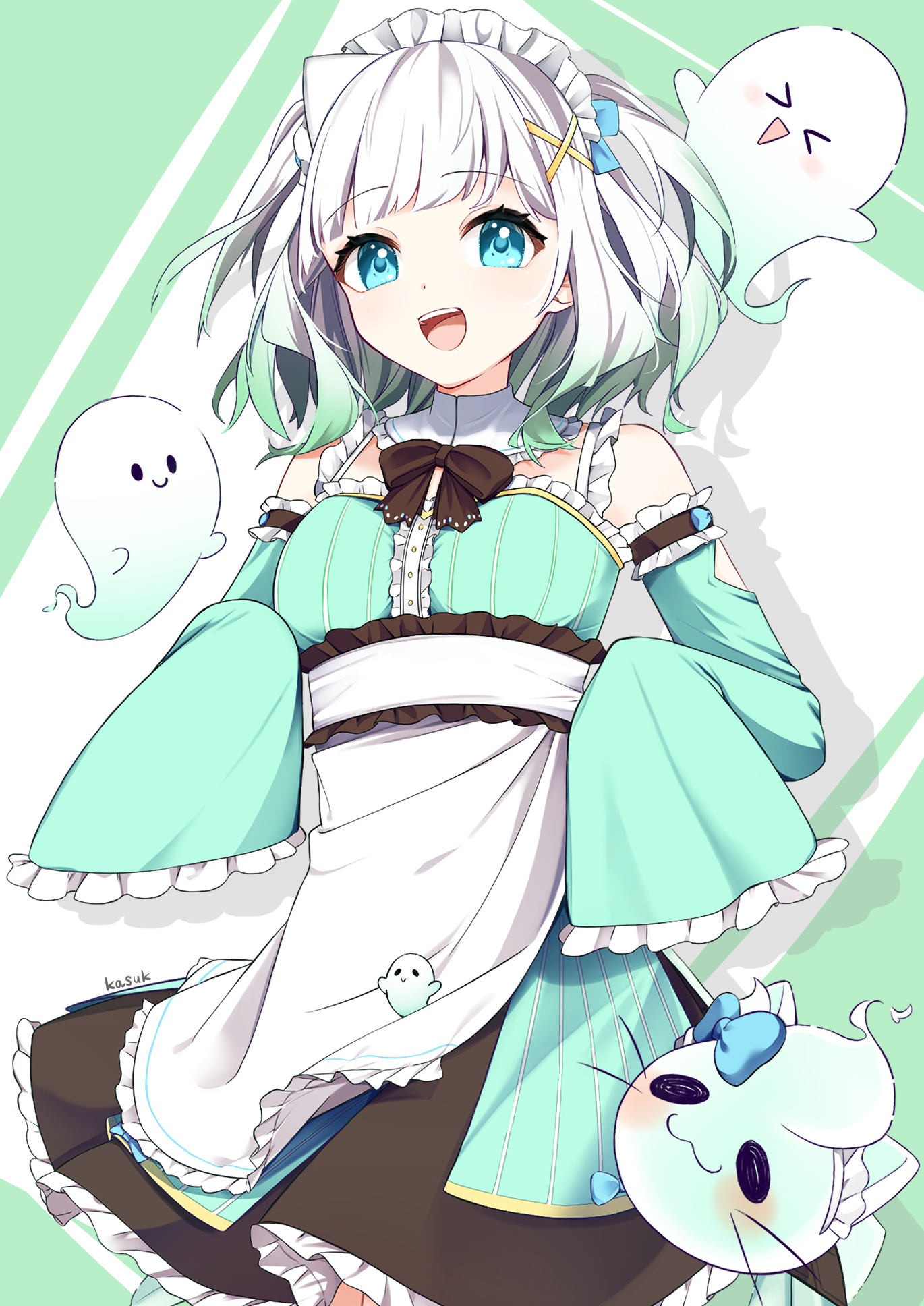 mint fantome, mint fantome (minto 2.0), indie virtual youtuber, highres, 1girl, :d, apron, artist name, black bow, black bowtie, black skirt, blue bow, blue eyes, bow, bowtie, breasts, cowboy shot, detached collar, detached sleeves, frilled apron, frilled sleeves, frills, ghost, gradient hair, green background, green hair, green shirt, green sleeves, hair ornament, m kasuk601, maid, maid headdress, medium breasts, multicolored hair, open mouth, shirt, skirt, sleeve garter, smile, solo, standing, teeth, triangular headpiece, two-tone background, upper teeth only, very long sleeves, virtual youtuber, waist apron, white background, white hair, wide sleeves, x hair ornament