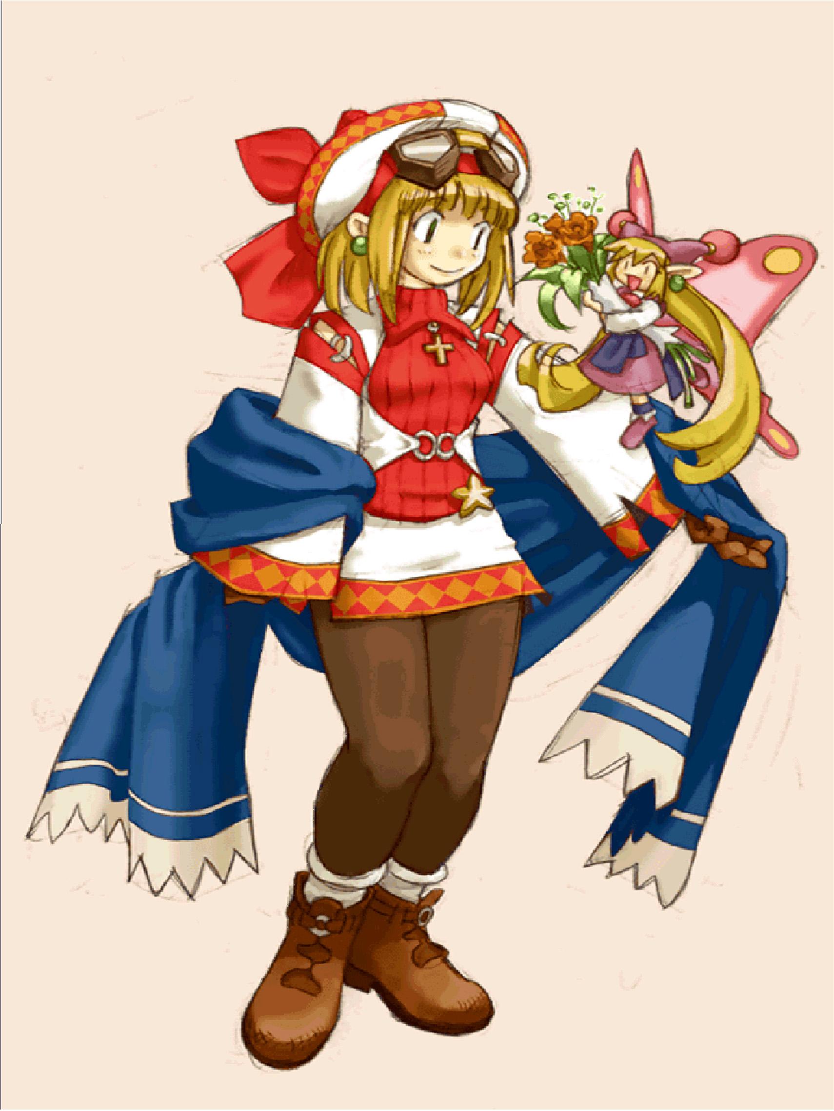 ryoji (nomura ryouji), cornet espoir, kururu (marl kingdom), marl kingdom, nippon ichi, puppet princess (marl kingdom), highres, jpeg artifacts, 2girls, blonde hair, boots, earrings, flower, goggles, hat, jester cap, jewelry, long hair, mini person, minigirl, multiple girls, pantyhose, shoes, short hair, smile, star (symbol), very long hair, wings