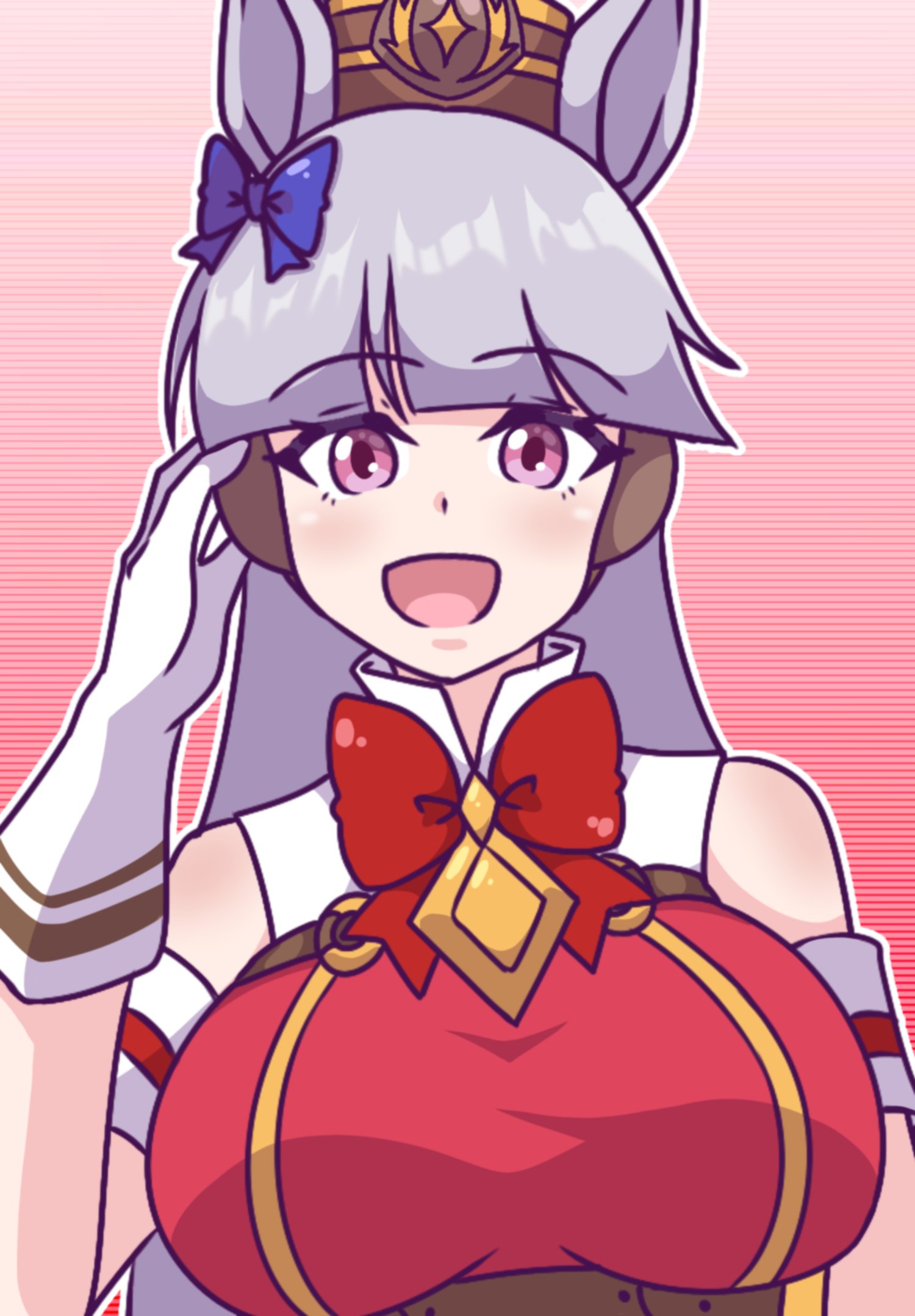 neferkitty, gold ship (red strife) (umamusume), gold ship (umamusume), umamusume, highres, 1girl, animal ears, blunt bangs, bow, bowtie, breasts, brown hat, dress, ear bow, ear ribbon, gloves, grey hair, hat, horse ears, horse girl, horseshoe ornament, long hair, looking at viewer, open mouth, pillbox hat, purple bow, purple eyes, red dress, sailor collar, sailor shirt, shirt, smile, solo