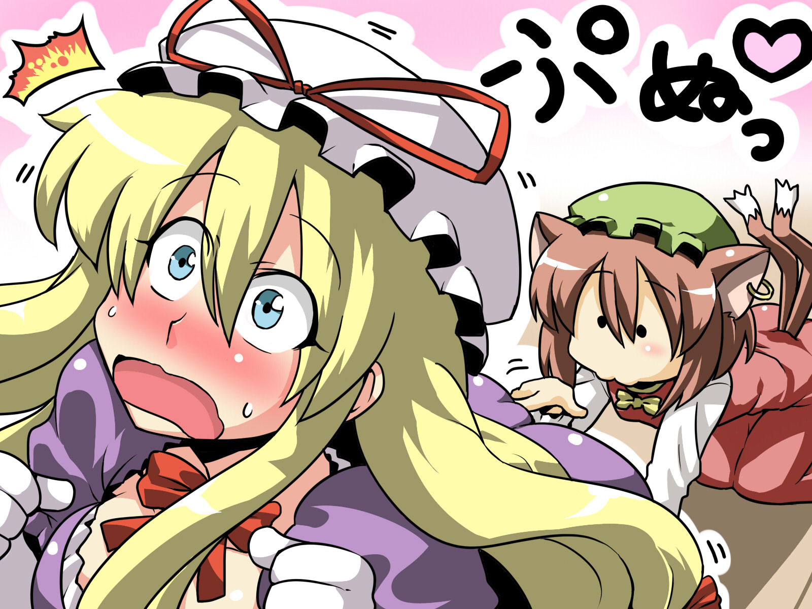 tukiwani, chen, yakumo yukari, touhou, highres, 2girls, animal ears, blonde hair, blue eyes, blush, brown hair, cat ears, cat girl, cat tail, earrings, female focus, hat, jewelry, long hair, multiple girls, multiple tails, poking, short hair, surprised, tail