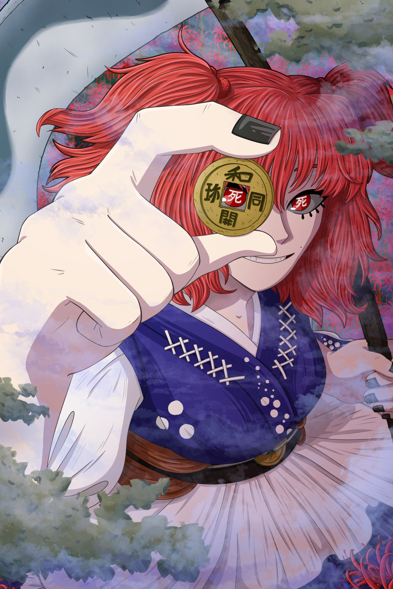 golemofthewoods, onozuka komachi, touhou, highres, 1girl, black nails, blue shirt, coin, eyelashes, flower, fog, foreshortening, grin, hair bobbles, hair ornament, holding, holding coin, holding scythe, holed coin, looking at viewer, outdoors, red eyes, red hair, scythe, shirt, short sleeves, skirt, smile, solo, spider lily, symbol-shaped pupils, two side up, upper body, white skirt