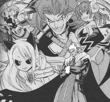 laharl, maou prier, pram (phantom kingdom), prier, zetta (phantom kingdom), disgaea, la pucelle, makai senki disgaea 2, nippon ichi, phantom kingdom, lowres, 2girls, 3boys, demon boy, demon girl, fake zenon, greyscale, horns, monochrome, multiple boys, multiple girls, pantyhose, pointy ears