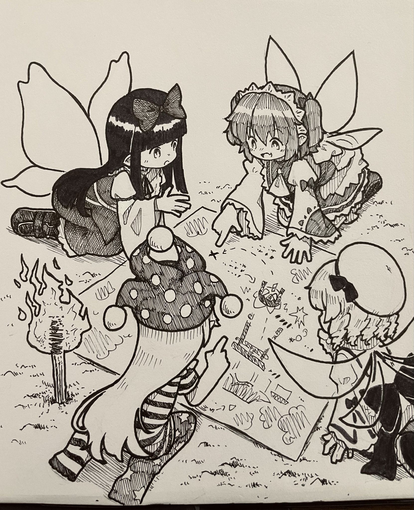suteruko, clownpiece, hakurei reimu, luna child, star sapphire, sunny milk, touhou, highres, traditional media, 4girls, bow, dress, drill hair, fairy, fairy wings, fang, fire, hair bow, hat, headdress, jester cap, long hair, long sleeves, monochrome, multiple girls, open mouth, pantyhose, paper, planted, pointing, polka dot, polka dot headwear, sitting, skin fang, smile, star (symbol), star print, striped clothes, striped dress, striped pantyhose, torch, very long hair, wide sleeves, wings