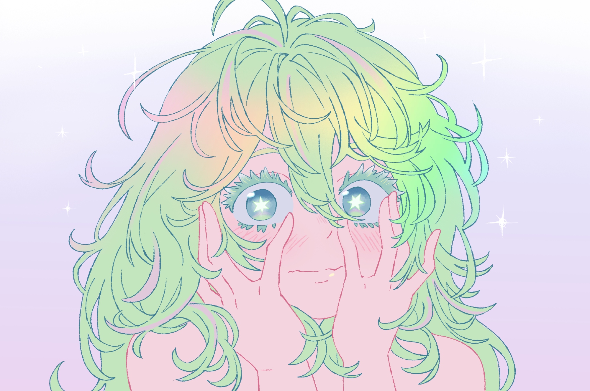 doodlelotl, hagakure toru, boku no hero academia, commentary, english commentary, highres, ahoge, bare shoulders, blue eyes, blush, green hair, hands on own cheeks, hands on own face, looking at viewer, messy hair, multicolored hair, pink streaks, simple background, star-shaped pupils, star (symbol), streaked hair, symbol-shaped pupils, thick eyelashes, unusually visible, white background