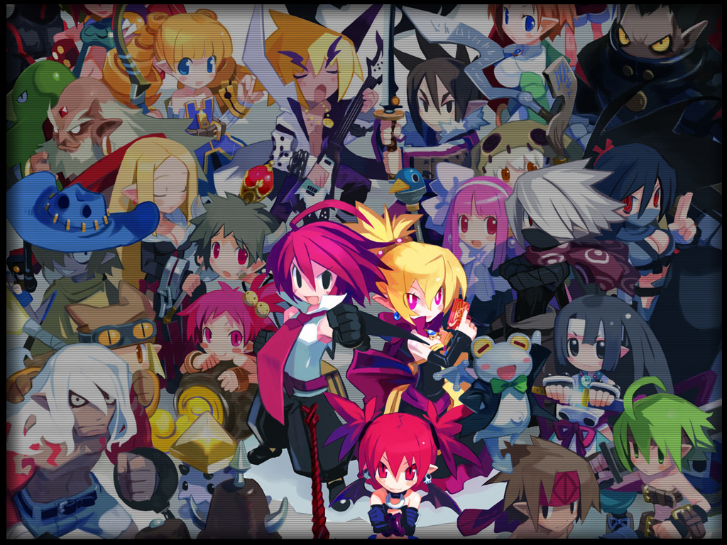 harada takehito, adell (disgaea), akutare (disgaea), archer (disgaea), axel (disgaea), beast master (disgaea), etna (disgaea), female warrior (disgaea), fubuki (disgaea), geomancer (disgaea), gunner (disgaea), hanako (disgaea), healer (disgaea), heavy knight (disgaea), kunoichi (disgaea), kurtis, kurtis (disgaea), mage (disgaea), magic knight (disgaea), male warrior (disgaea), ninja (disgaea), prinny, ronin (disgaea), rozalin, samurai (disgaea), sinner (disgaea), skull (disgaea), taro (disgaea), thief (disgaea), tink, tink (disgaea), warrior (disgaea), yukimaru, disgaea, makai senki disgaea, makai senki disgaea 2, nippon ichi, 00s, 6+boys, 6+girls, bandages, bat wings, black hair, blonde hair, blue eyes, breasts, brown hair, chibi, closed eyes, demon girl, demon tail, dress, drill hair, elder spear, everyone, flat chest, gloves, hat, horns, long hair, mask, multiple boys, multiple girls, ninja, open mouth, orange hair, pink hair, pointy ears, ponytail, red eyes, red hair, scarf, short hair, smile, sword, tail, twintails, weapon, white hair, wings