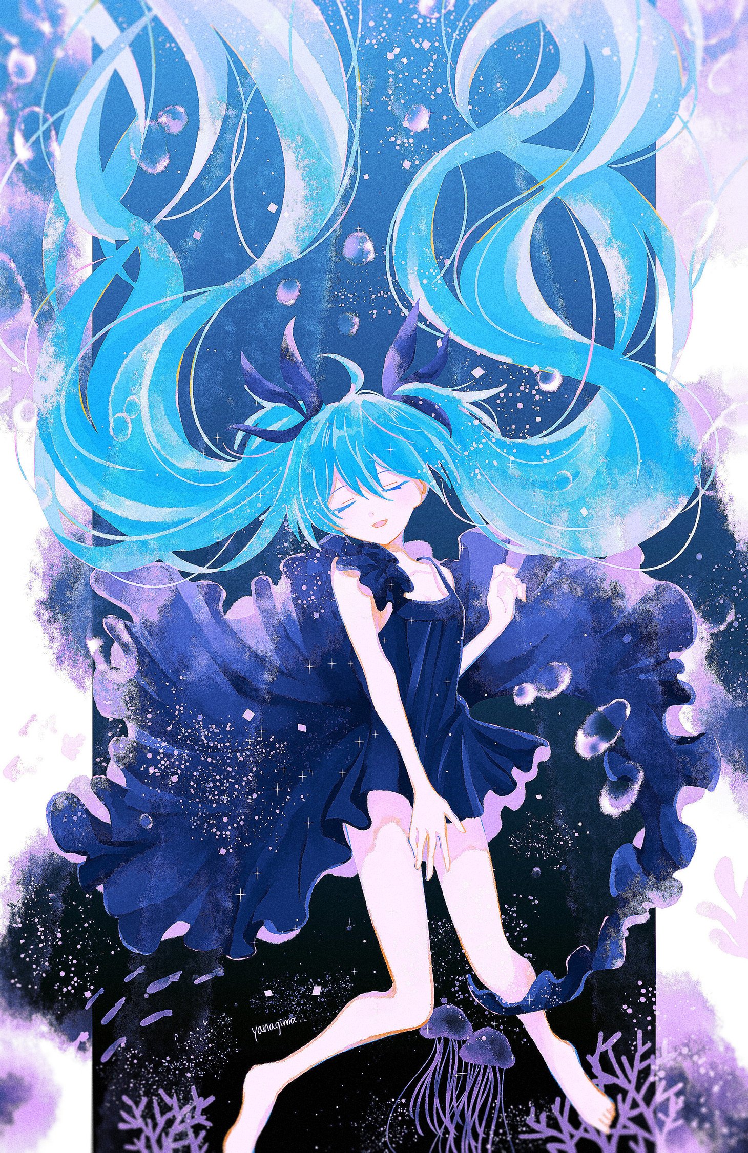 yanagima yu03, hatsune miku, vocaloid, highres, aqua hair, barefoot, black dress, bubble, closed eyes, coral, dress, facing viewer, fish, floating hair, hair ribbon, jellyfish, long hair, open mouth, pillarboxed, ribbon, twintails, underwater, very long hair