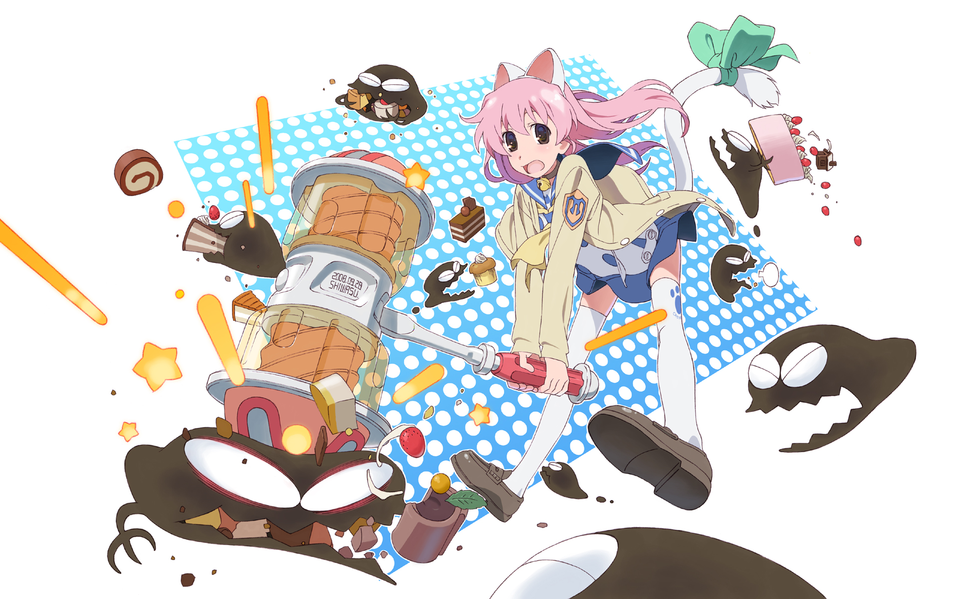 shiwasu takashi, original, bad id, bad pixiv id, highres, 1girl, animal ears, collar, female focus, hammer, long hair, pink hair, skirt, solo, tail, thighhighs