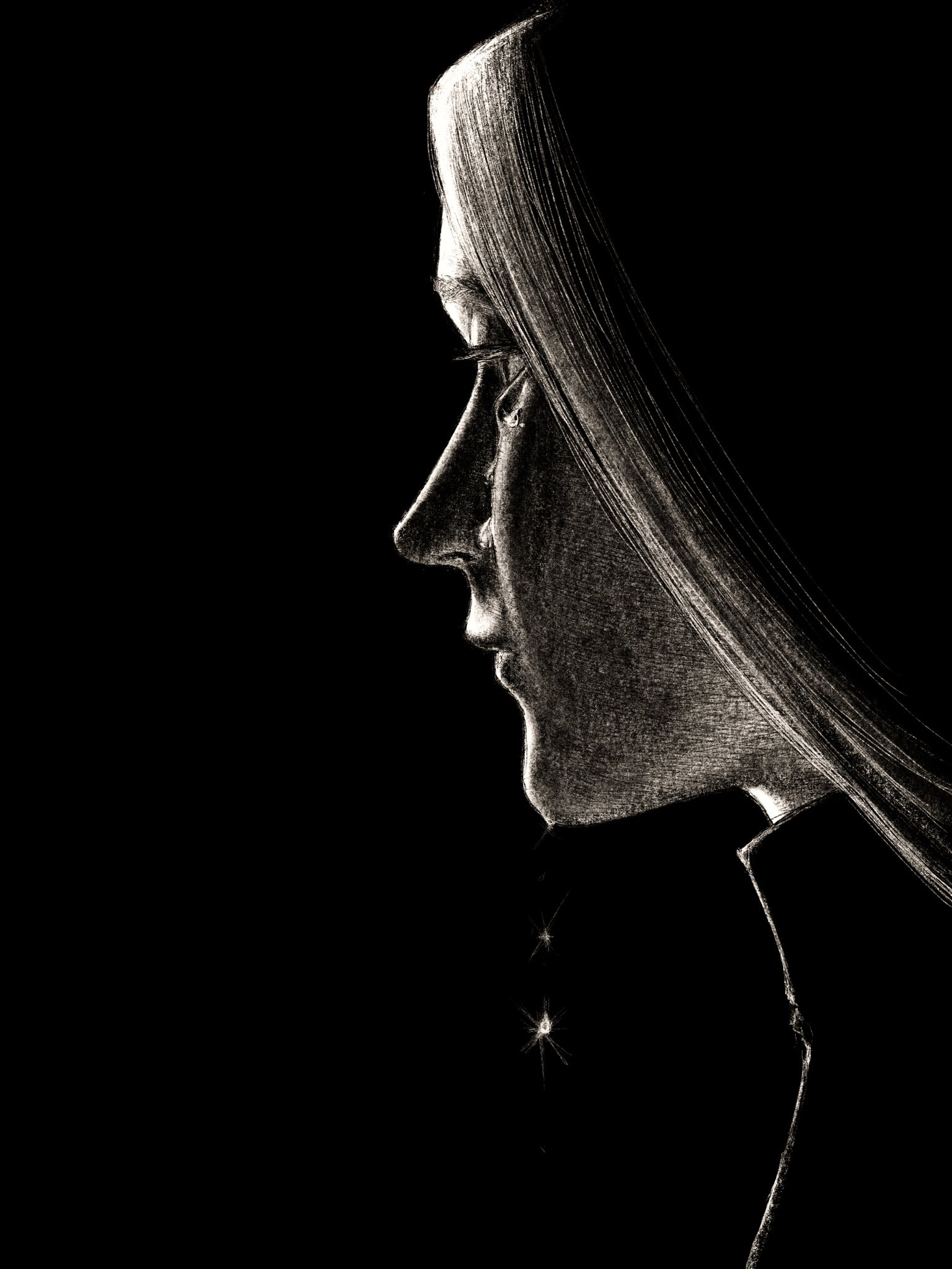 tp p pt, highres, 1girl, black background, crying, crying with eyes open, from side, greyscale, monochrome, profile, simple background, solo, tears, turtleneck