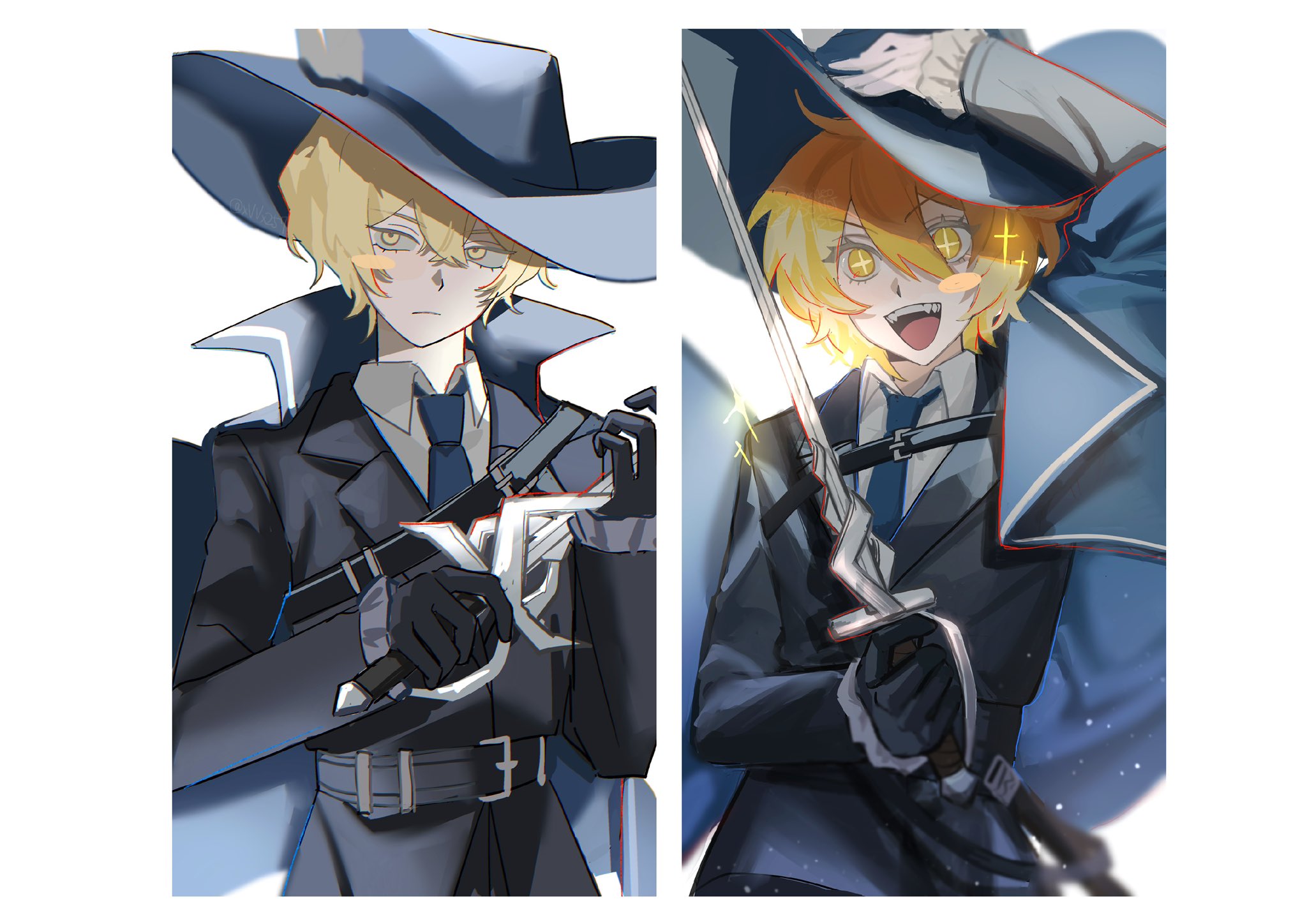 fushimi arata, don quixote (project moon), sinclair (project moon), limbus company, project moon, highres, + +, 1boy, 1girl, belt, black belt, black gloves, black jacket, blonde hair, blue cloak, blue hat, blue necktie, blush stickers, border, cinq association south uniform, cloak, closed mouth, collared shirt, epee, fangs, floating clothes, frills, gloves, hair between eyes, hand on headwear, hands up, hat, hat feather, hat ornament, holding, holding sword, holding weapon, jacket, lapels, long sleeves, looking at viewer, necktie, open mouth, shirt, short hair, simple background, single glove, smile, sparkle, sword, teeth, tongue, v-shaped eyebrows, weapon, white background, white border, white shirt, yellow eyes