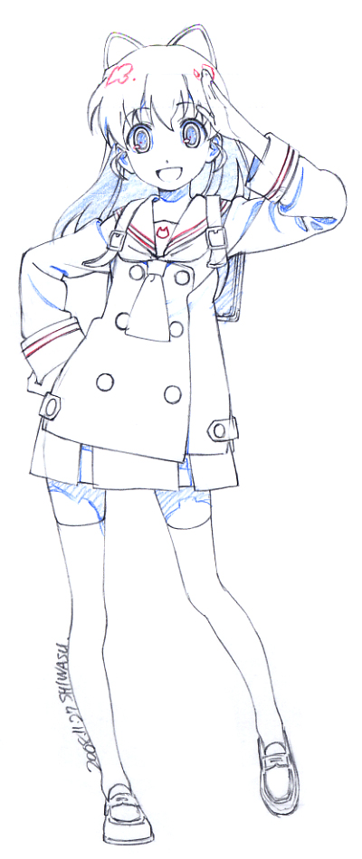shiwasu takashi, original, bad id, bad pixiv id, traditional media, backpack, bag, randoseru, salute, school uniform, skirt, thighhighs