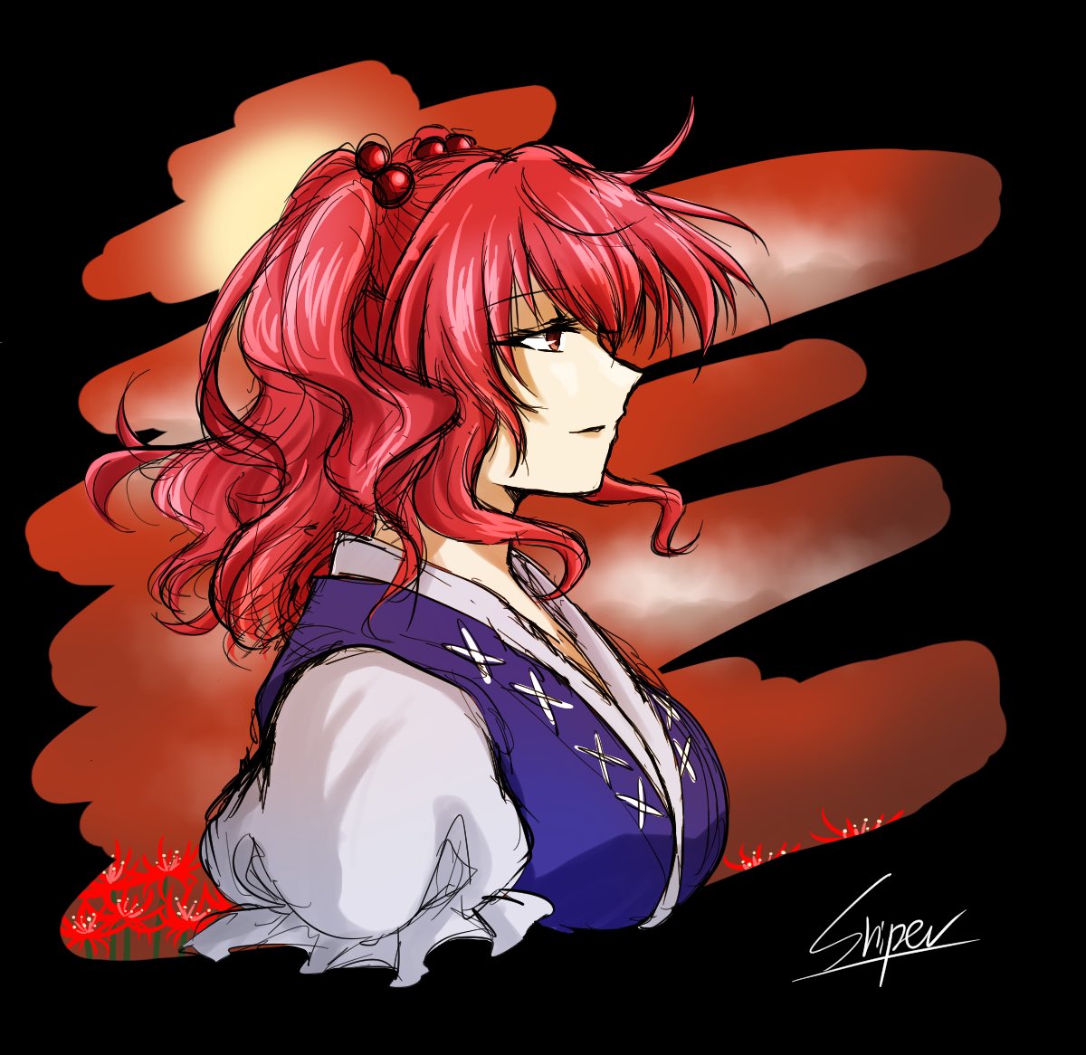 sniper16783072, onozuka komachi, touhou, commentary request, 1girl, breasts, flower, from side, hair bobbles, hair ornament, long hair, puffy short sleeves, puffy sleeves, red eyes, red flower, red hair, short sleeves, signature, solo, spider lily, two side up