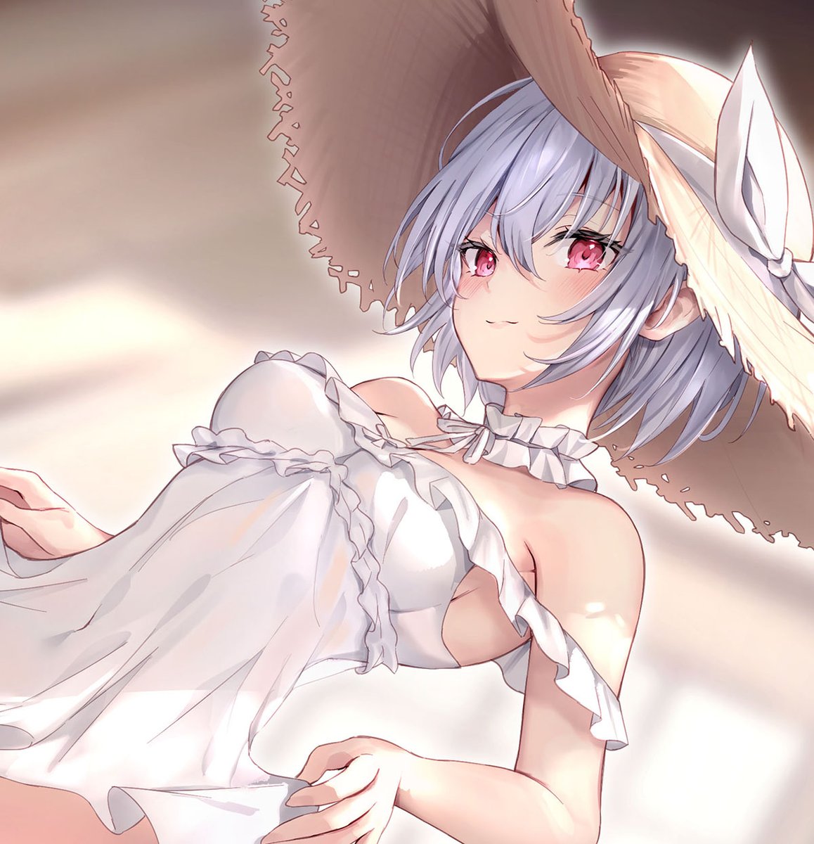 haishiki, commentary request, highres, novel illustration, official art, 1girl, bare shoulders, breasts, choker, danshi kinsei game sekai de ore ga yarubeki yuiitsu no koto yuri no ma ni hasamaru otoko to shite tensei shite shimaimashita, dress, frilled choker, frills, grey hair, hat, light smile, looking at viewer, red eyes, short hair, sleeveless, sleeveless dress, small breasts, smile, snow (yurihasa), solo, straw hat, sun hat, sundress, white choker, white dress