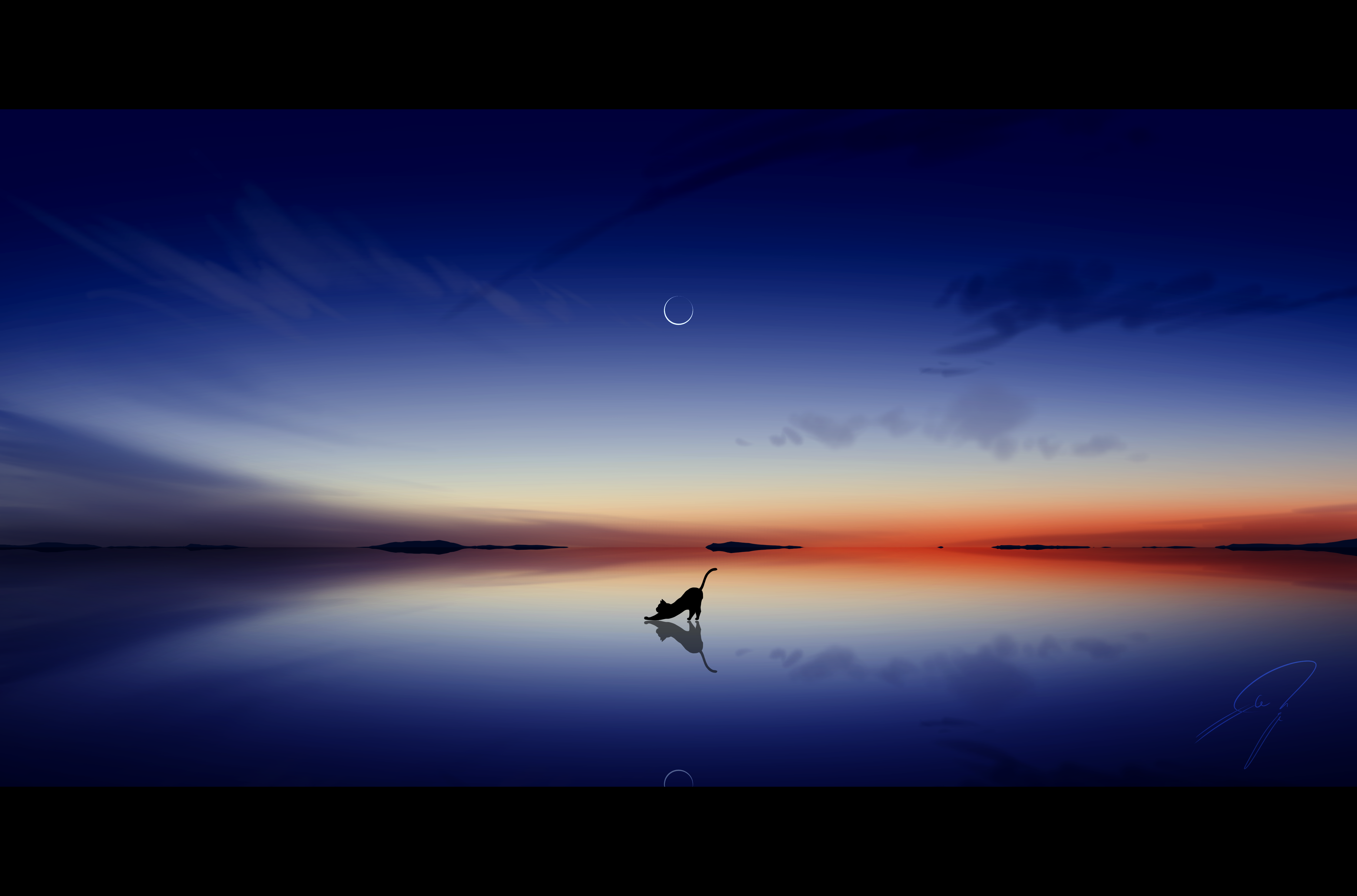 nengoro, original, absurdres, commentary request, highres, cat, cloud, crescent moon, dusk, gradient sky, horizon, letterboxed, moon, no humans, outdoors, reflection, reflective surface, scenery, signature, silhouette, sky, sky focus