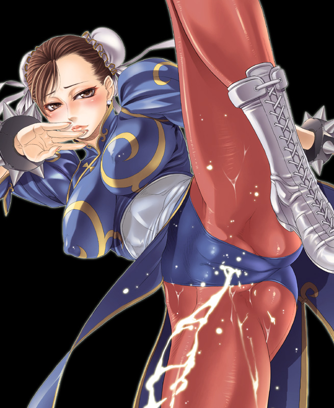 pierre norano, chun-li, capcom, street fighter, 1girl, blush, boots, bracelet, breasts, brown eyes, brown hair, bun cover, china dress, chinese clothes, double bun, dress, female ejaculation, female ejaculation through clothes, female focus, hair bun, high kick, jewelry, kicking, large breasts, muscular, pantyhose, peeing, peeing self, pelvic curtain, solo, spiked bracelet, spikes, spread legs
