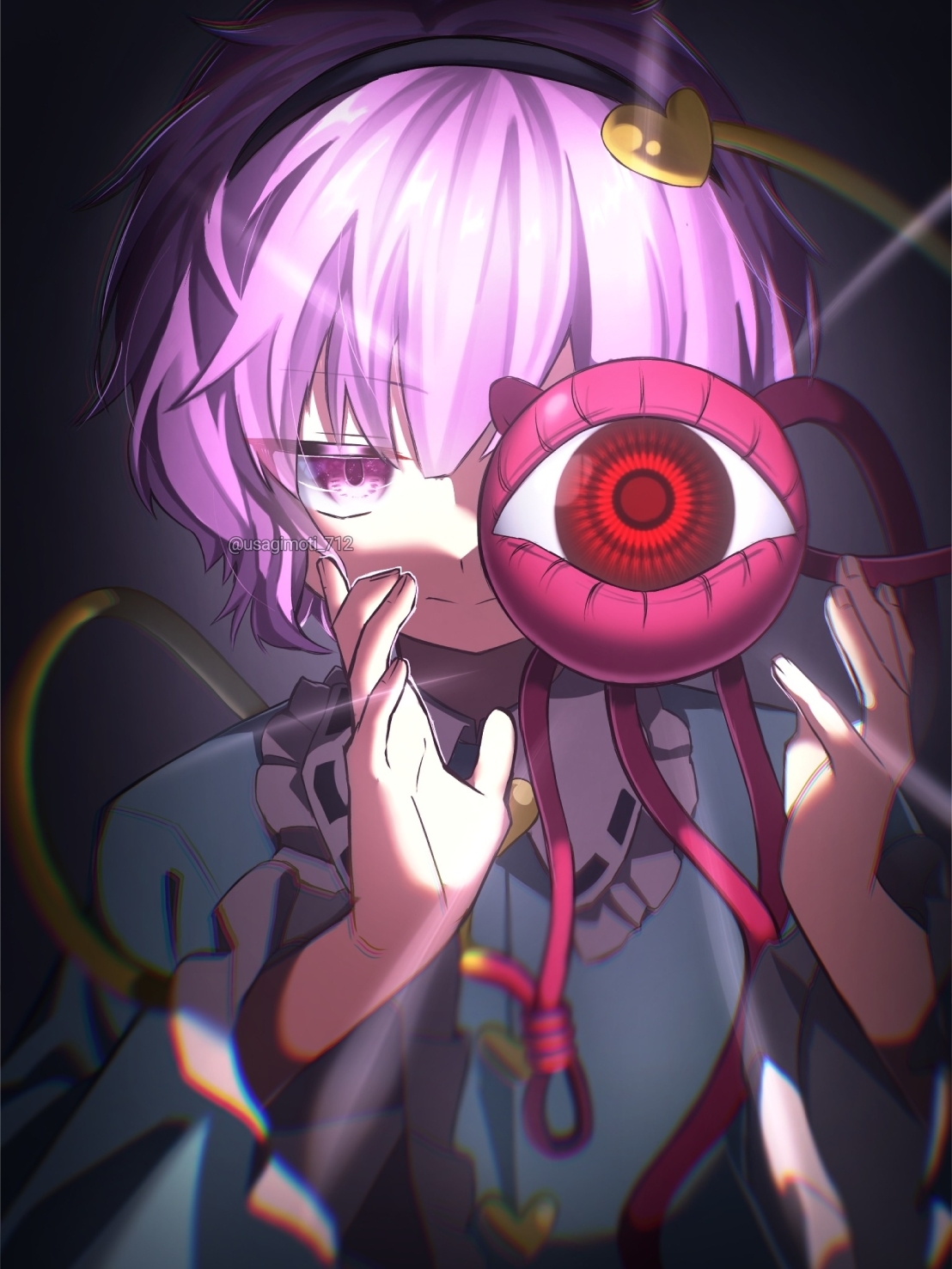 komeiji satori, touhou, highres, 1girl, black hairband, blue shirt, blurry, chromatic aberration, depth of field, expressionless, hair ornament, hairband, heart, heart hair ornament, long sleeves, looking at viewer, one eye covered, purple eyes, purple hair, shirt, short hair, solo, third eye, twitter username, upper body, usagimoti712