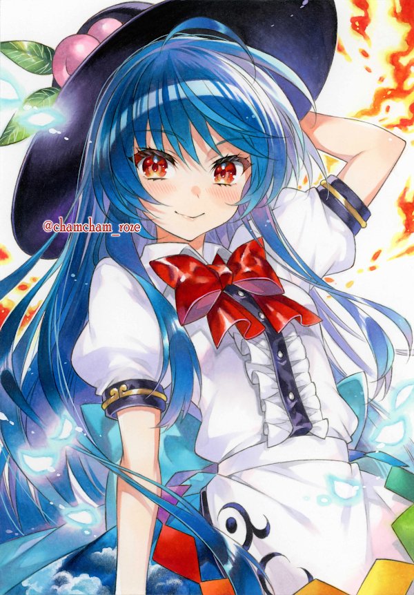 chacham, hinanawi tenshi, touhou, commentary request, traditional media, 1girl, blue hair, blue skirt, blush, bow, bowtie, closed mouth, hand on own hat, long hair, looking at viewer, peach hat ornament, red bow, red bowtie, red eyes, shirt, short sleeves, skirt, smile, solo, twitter username, white shirt