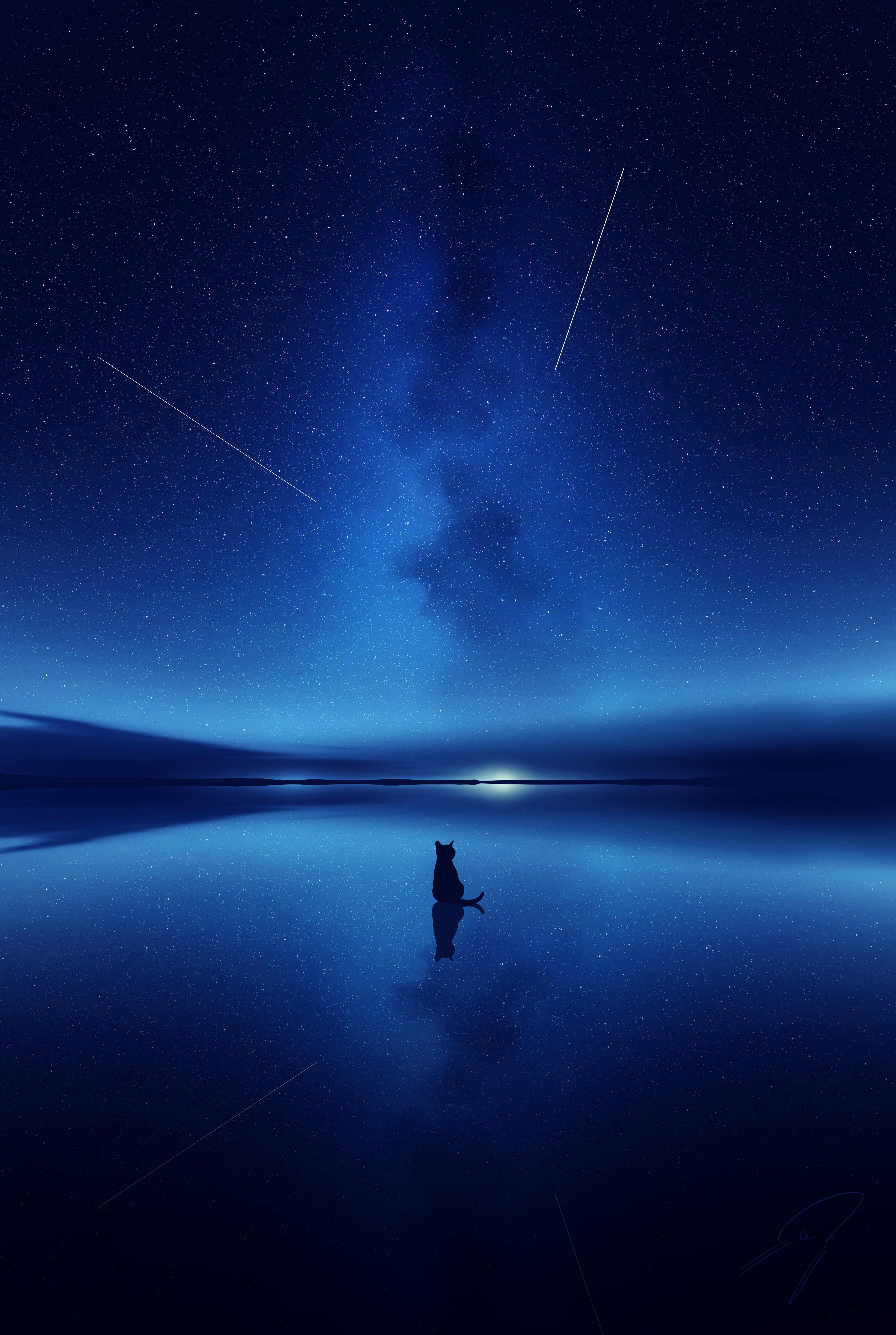 nengoro, original, absurdres, commentary request, highres, blue theme, cat, horizon, milky way, night, night sky, no humans, outdoors, reflection, reflective surface, scenery, shooting star, signature, silhouette, sky, sky focus, star (sky), starry sky