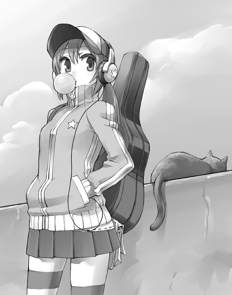 chan co, original, 1girl, asymmetrical legwear, blowing bubble gum, blowing bubbles, cat, chewing gum, cowboy shot, female focus, greyscale, guitar, guitar case, hands in pockets, hat, headphones, instrument, instrument case, jacket, monochrome, pleated skirt, skirt, solo, striped clothes, striped thighhighs, thighhighs, uneven legwear, zettai ryouiki