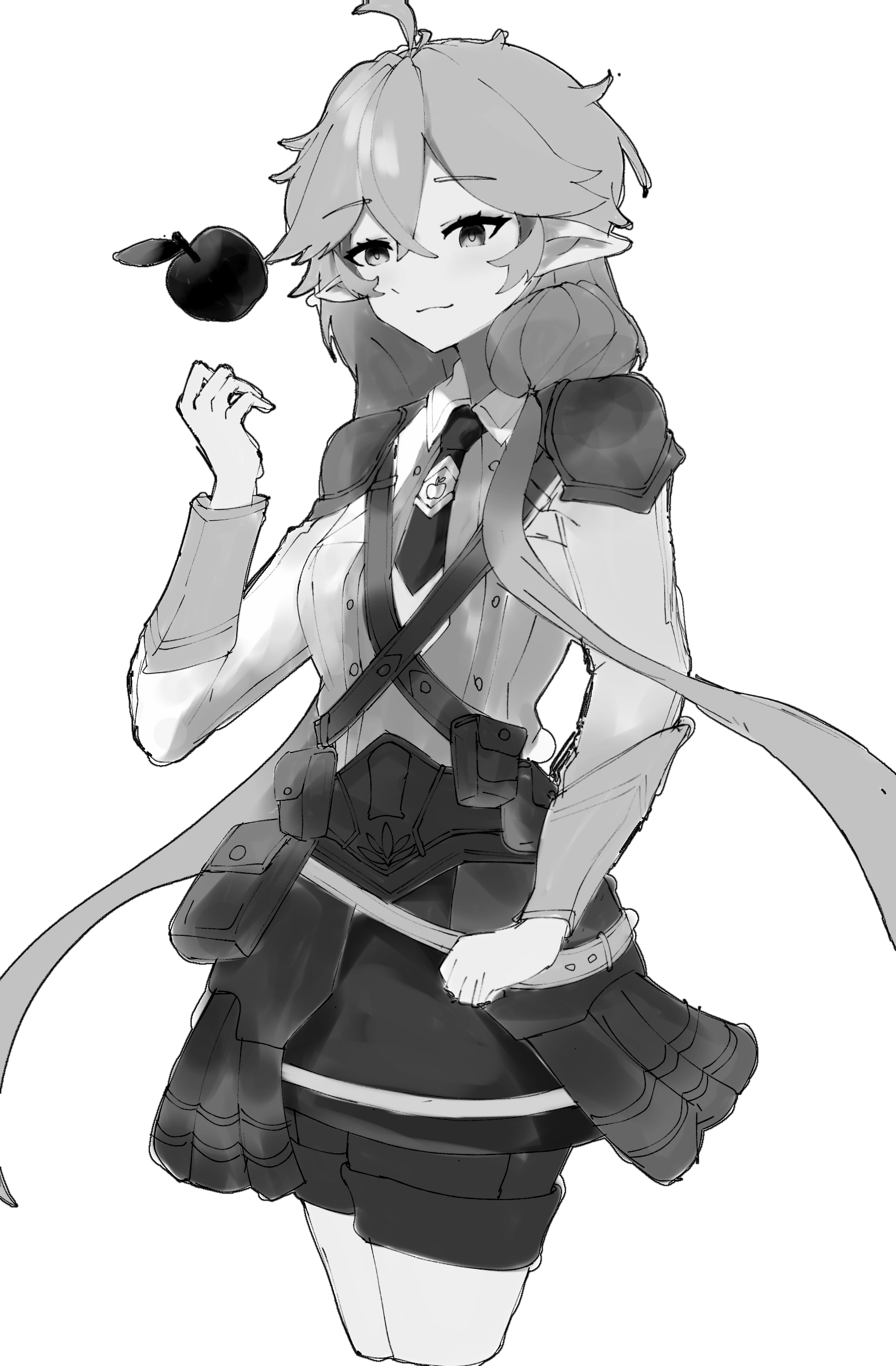 red hood elvira, guardian tales, absurdres, highres, 1girl, ahoge, apple, cosplay, food, fruit, greyscale, long hair, low twintails, monochrome, nandapt11, twintails, very long hair
