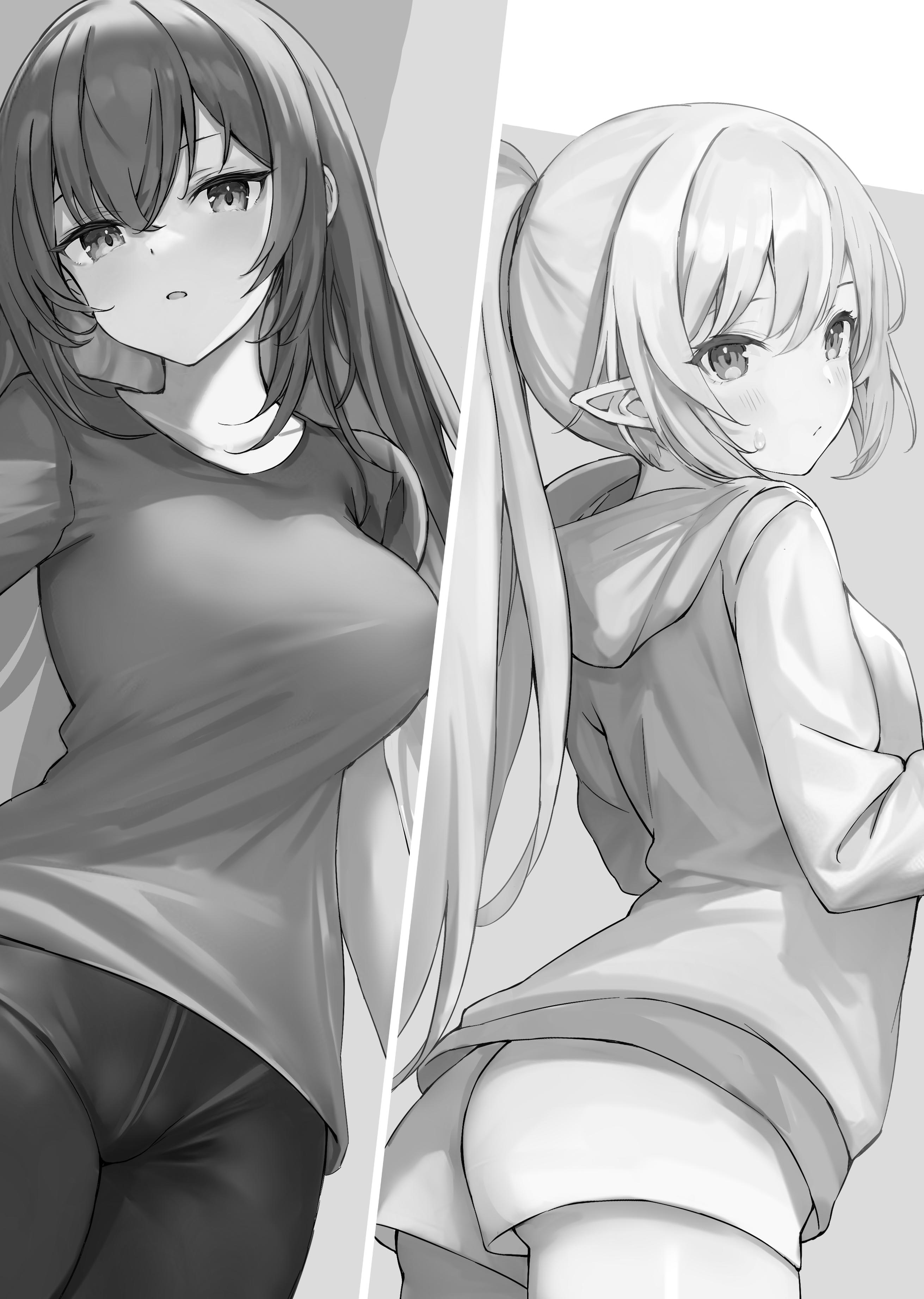 haishiki, absurdres, commentary request, highres, novel illustration, official art, 2girls, danshi kinsei game sekai de ore ga yarubeki yuiitsu no koto yuri no ma ni hasamaru otoko to shite tensei shite shimaimashita, elf, greyscale, hair between eyes, hood, hoodie, lapis crue la lumette, long hair, long pointy ears, monochrome, multiple girls, pointy ears, ponytail, sanjou rei, shorts, sweatdrop, very long hair