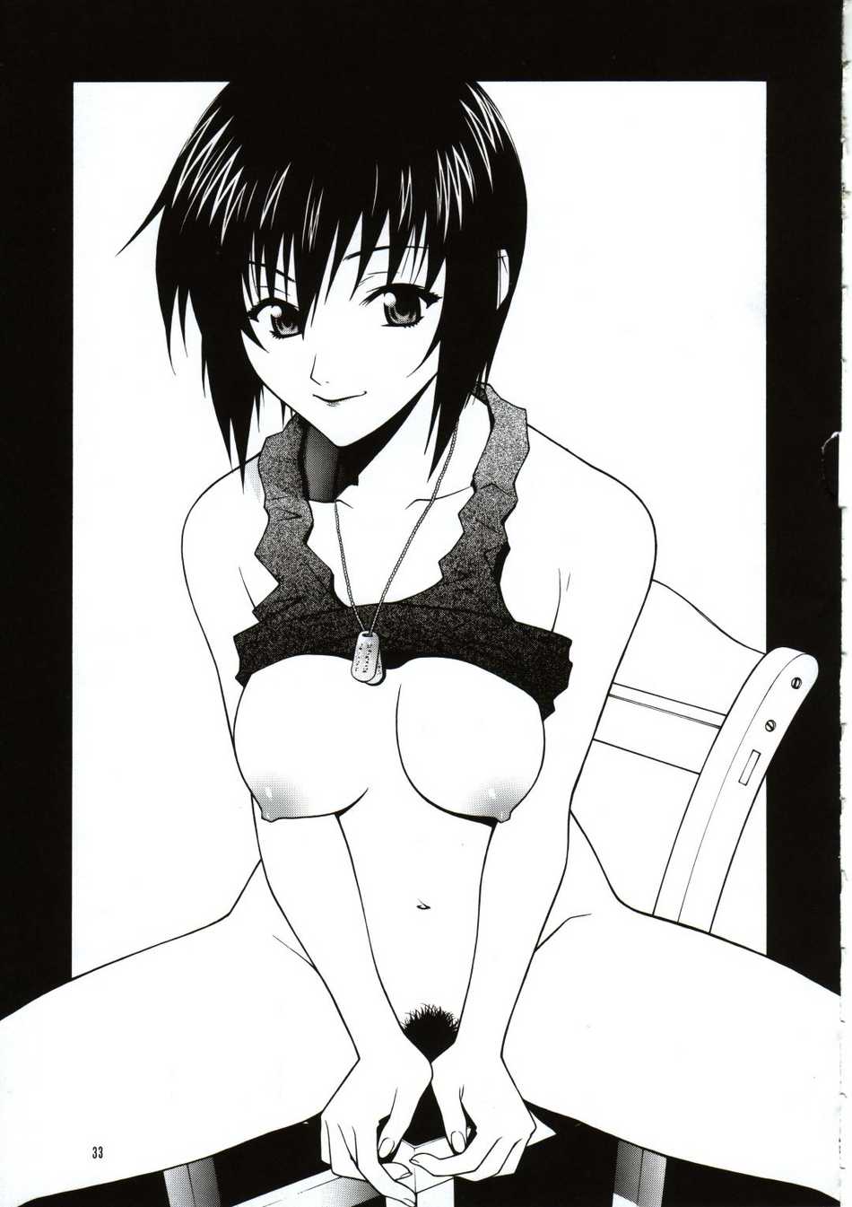melissa mao, full metal panic!, highres, 00s, 1girl, breasts, chair, clothes lift, covered erect nipples, dog tags, female focus, female pubic hair, greyscale, medium breasts, monochrome, navel, nipples, pubic hair, shirt lift, short hair, smile, solo