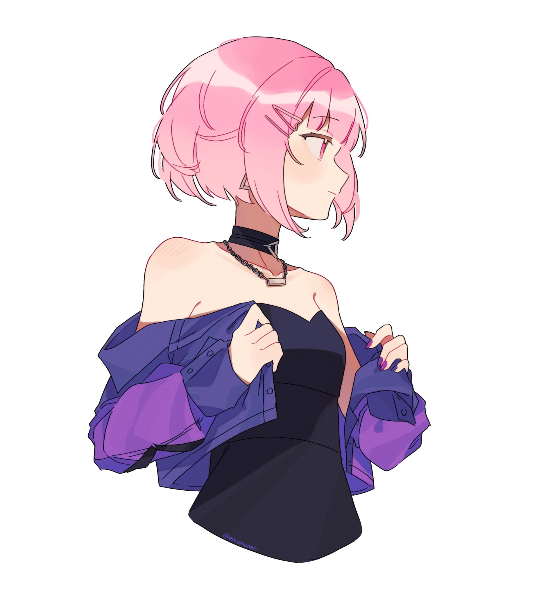 the coconutnut, ootori emu, project sekai, commentary, english commentary, highres, 1girl, bare shoulders, bob cut, breasts, choker, closed mouth, hair ornament, hairpin, jacket, jacket partially removed, jewelry, long sleeves, multiple hairpins, necklace, pink eyes, pink hair, profile, short hair, solo, upper body
