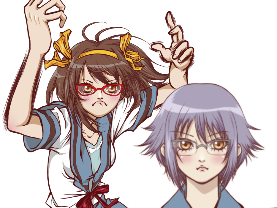 asuka asuka, spidy-r1, crazy frog brothers, nagato yuki, suzumiya haruhi, suzumiya haruhi no yuuutsu, 2girls, dancing, eyelashes, gates, glasses, meme, multiple girls, parody, red-framed eyewear, school uniform, serafuku, simple background, white background