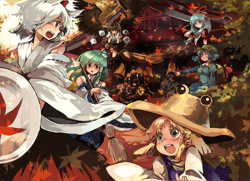 cis (carcharias), aki minoriko, aki shizuha, inubashiri momiji, kagiyama hina, kawashiro nitori, kochiya sanae, moriya suwako, shameimaru aya, yasaka kanako, mountain of faith, touhou, bad id, bad pixiv id, 6+girls, autumn, broom, everyone, female focus, hat, leaf, multiple girls