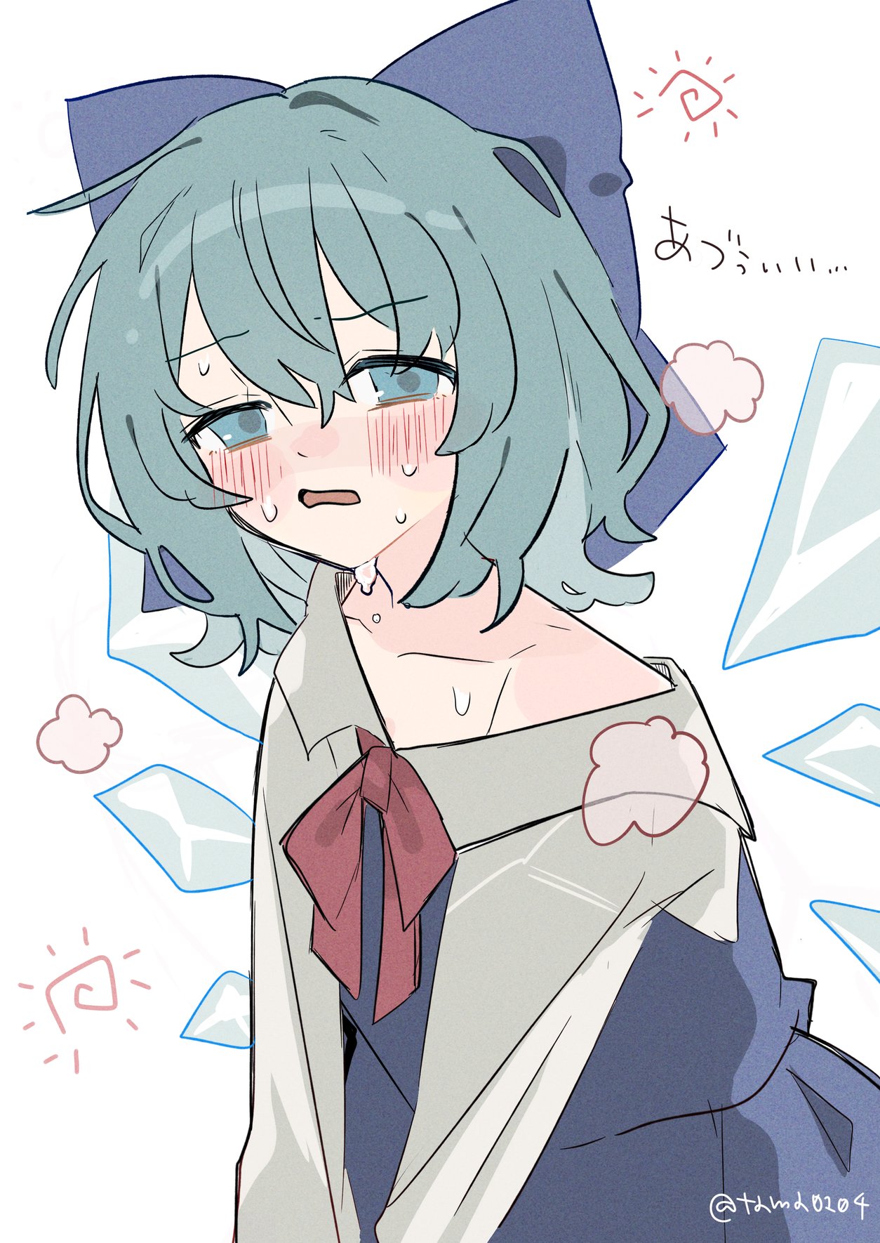 tamagogayu1998, cirno, touhou, commentary, highres, 1girl, blue bow, blue dress, blue eyes, blue hair, blush, bow, bowtie, collarbone, dress, fairy, ice, ice wings, looking at viewer, loose clothes, loose shirt, medium hair, one-hour drawing challenge, parted lips, red bow, red bowtie, shirt, solo, white background, white shirt, wings
