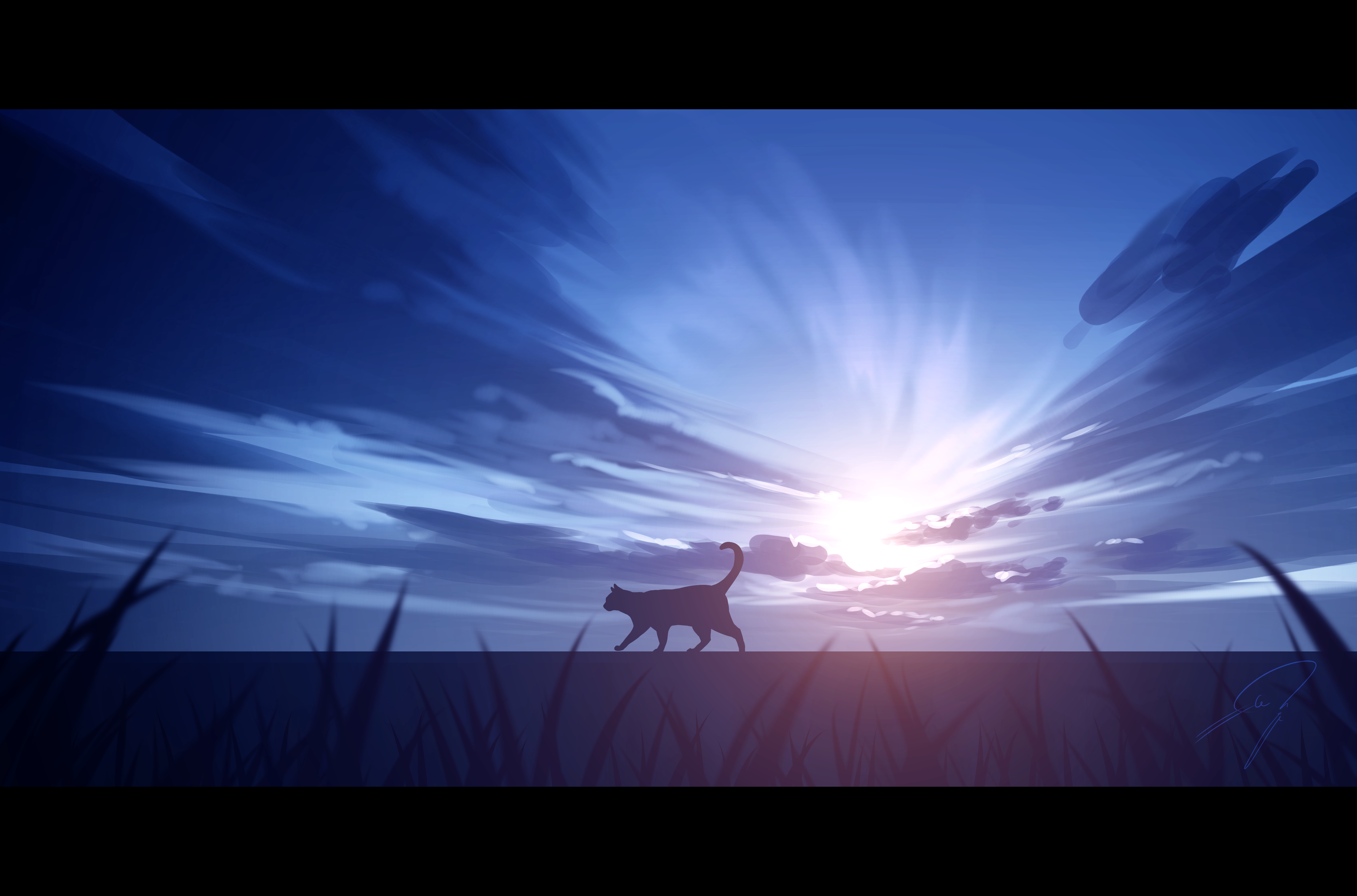 nengoro, original, absurdres, commentary request, highres, blue theme, cat, cloud, cloudy sky, letterboxed, no humans, outdoors, signature, silhouette, sky, sky focus, sunset