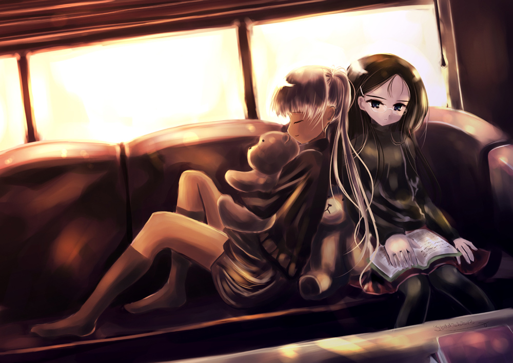abudala, claes, triela, gunslinger girl, 00s, black hair, blonde hair, book, closed eyes, glasses, long hair, pantyhose, sitting, stuffed animal, stuffed toy, teddy bear, twintails