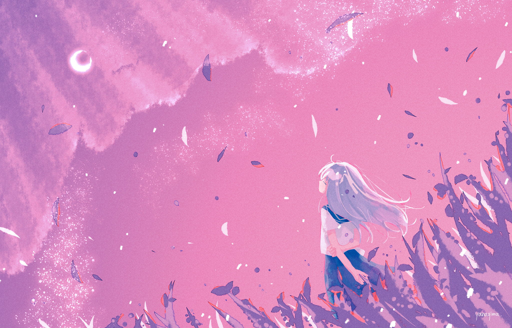 yanagima yu03, original, highres, closed eyes, crescent moon, from behind, holding own arm, long hair, moon, plant, short sleeves, sparkle background, white hair