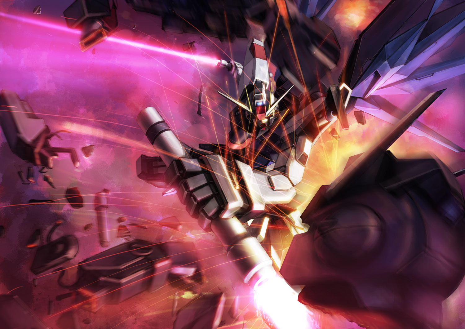 zhenlin, 105 dagger, freedom gundam, gundam, gundam seed, 00s, battle, energy sword, explosion, injury, mecha, robot, severed limb, sword, weapon